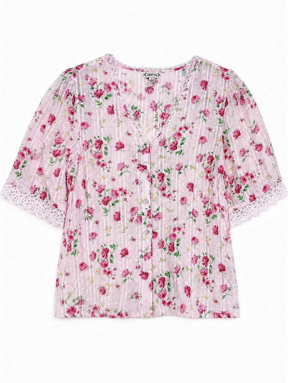 Nanette Lepore Floral Cotton Lace Trim Button Front Cottagecore Blouse Top Pink - Picture 1 of 7